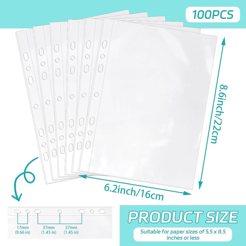 VOKOY 100 Pack 5.5x8.5 Inch Sheet Protectors for 3 or 6 Ring A5 Binder, Half Letter Size 7 Holes Mini Heavy-Duty Sheet Protector Sleeves Crystal Clear Playbill Binder Pockets - Image 2